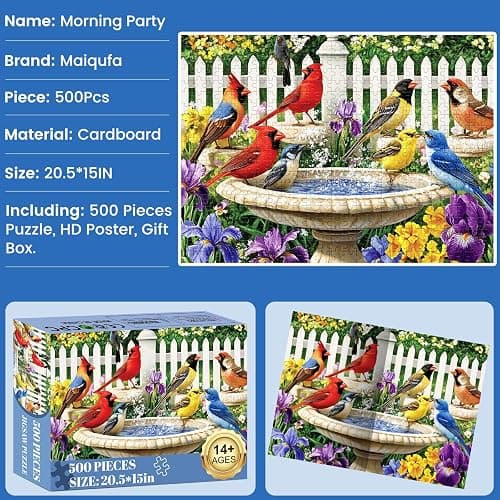 500 Pieces Puzzle for Adults,Birds Bath Flower Fence Puzzle,Recycled Cardboard Animals Jigsaw Puzzle 500 Pieces,Challenging Game Home Decor Birthday Party Gift Toy for Adults Seniors 20.5 * 15 in thumbnail 6