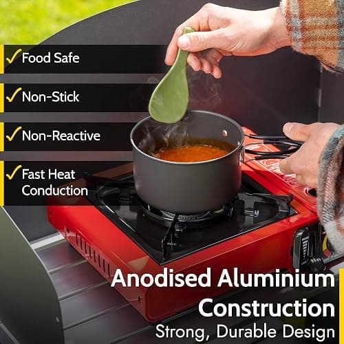 Trail Camping Cookware Set 11pc, 2 Person Outdoor Camp Cooking Kit, Non Stick Hard Anodised Aluminium, 1L Cook Pot, Frying Pan, Spatula, Plates, Cutlery Sets, Lightweight Portable Stackable with Bag thumbnail 3