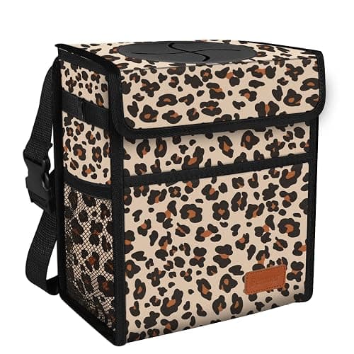 Car Trash Can with Lid Leak Proof Garbage Waterproof Bag for SUV Front Seat Multipurpose Hanging Headrest Collapsible and Portable Storage Mesh Pocket, Leopard Print - Image 1