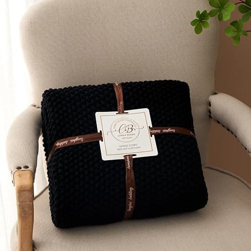 Chunky Cable Knit Throw Blanket Lightweight Black 100% Organic Cotton Blanket for Sofa Couch Bed Baby Nursery, Rustic Shabby Chic Modern Farmhouse, 60” x 80” Give Laundering Bag thumbnail 10