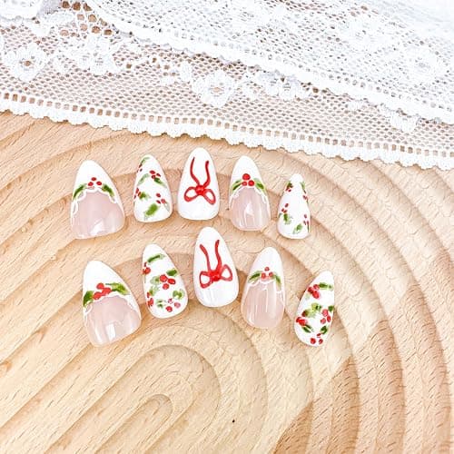 24pcs Christmas Press on Nails Short Almond Fake Nails with Red Rhinestones Designs Xmas Holly Bow False Nail White French Tip Acrylic Nails Cute Full Cover Glue on Nail for Women DIY Manicure thumbnail 3