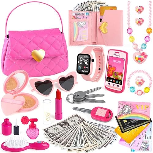 Kids Play Purse for Little Girls Toddlers, Toy Purse with Accessories, Wallet, Fake Phone, Fake Makeup Toys & Play Jewelry, Toddler Pretend Play Toys for Girls, Little Girl Gifts Age 3 4 5 6 Year Old - Image 1