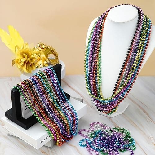 YAXINRUI 72 PCS Mardi Gras Beads Necklaces, 33 Inch 12 Colors Party Bead Necklace for Mardi Gras, Christmas, St. Patrick's Day, Throw Beaded Party Favors in 12 Shiny Metallic Colors thumbnail 2