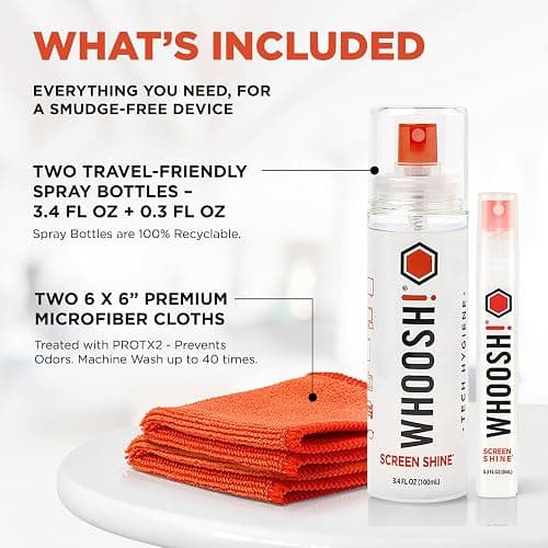 WHOOSH! Screen Shine Duo - Screen Cleaner Spray for iPad, Monitor, Laptop, MacBook - 3.4 oz & 0.3 oz Bottles with 2 Microfiber Cloths - Portable Electronic Cleaning Kit for Travel, Office, and Home thumbnail 2