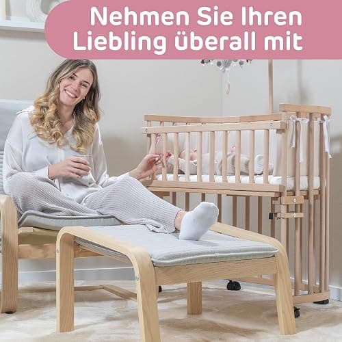 babybay Maxi lit cododo en Bois de hêtre Massif/Compact et modulable/Hauteur du lit réglable en continu/lit bébé évolutif (Naturel Non traité) / avec Matelas, Barres, Roues thumbnail 4