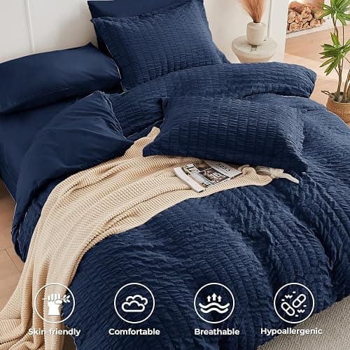 HYMOKEGE Navy Blue Full Size Comforter Sets Seersucker 7 Pieces, All Season Luxury Bed in a Bag for Bedroom, Bedding Set with Comforters, Sheets, Pillowcases & Shams thumbnail 3