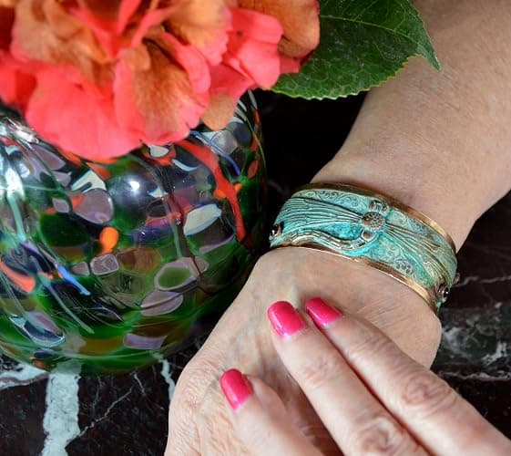 Verdigris Patina Solid Brass Decorative Dragonfly Cuff - Genuine Garnet thumbnail 4