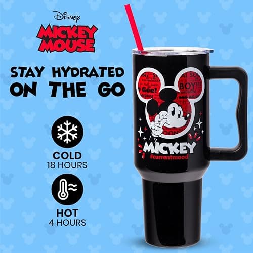 Silver Buffalo Disney Mickey Mouse, Stainless Steel Tumbler, 40oz | Classic Hashtag Current Mood #currentmood, Double Walled, Handle, Straw, Fits in Standard Cup Holder, 1.18 Liters thumbnail 3