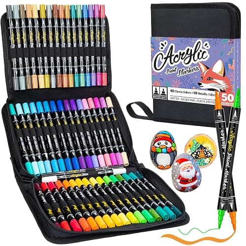 50 Colors Dual Tip Acrylic Paint Pens Paint Markers with Carrying Case, Acrylic Markers for Rock Painting, Wood, Glass, Plastic, Fabric, Ceramic, Painting Kit for Adults and Kids Crafts Supplies - Image 1