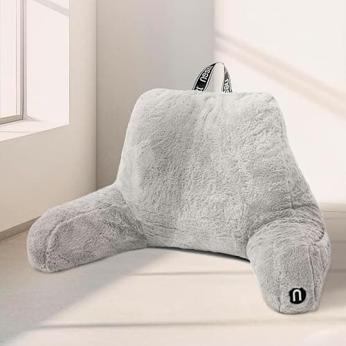 Nestl Fur Reading Pillow, Stylish Back Pillow for Bed Sitting Up, Faux Fur Bed Chair Pillow with Arms, Reading Pillows for Sitting in Bed Adult & Kids, Back Support Pillow for Bed Rest - Light Grey - Image 1