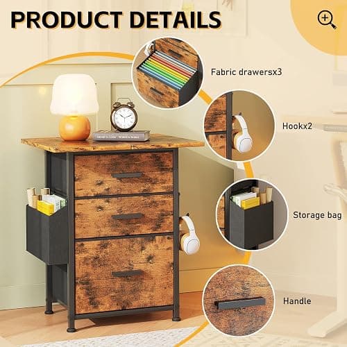 Mexin 3 Drawer File Cabinet with 24'' Extended Desktop, Mobile Filing Cabinet, Printer Stand, Rolling Printer Stand with Side Bag, Fabric Drawer, Fits A4 Size, Home Office,Rustic Brown thumbnail 7