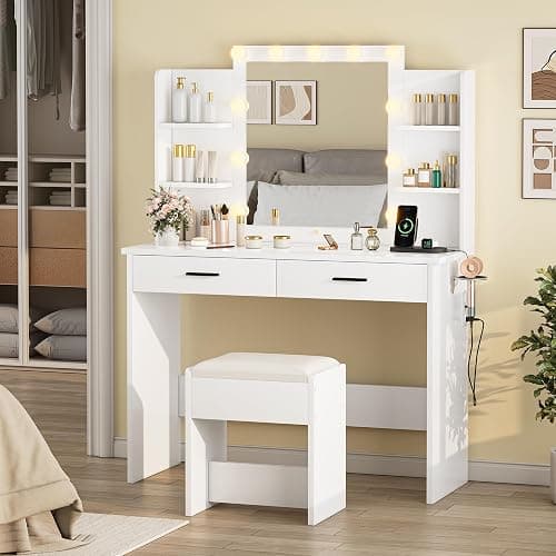NBYSGO Farmhouse Vanity with Sliding Mirror and LED Lights, Makeup Table with 4 Drawers & Multi-Tier Storage Rack, Rustic Dressing Table Set for Bedroom (White 010) - Image 1
