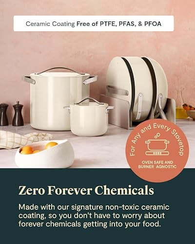 Caraway Cookware+ Collection - Specialty Cookware Set - Petite Cooker, Stir Fry Pan, Rondeau, & Stock Pot - 3 Lids & Storage Organizer Included - White thumbnail 5