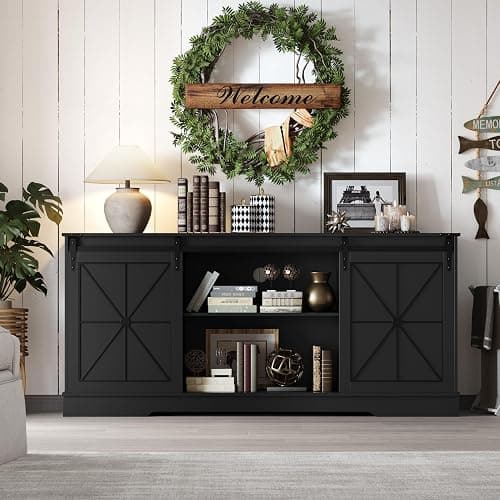 Farmhouse TV Stand for 65/60/55 Inch Tvs, Rustic Entertainment Center with Storage Cabinets & Sliding Barn Doors, Modern Media Console Table, Wood Television Furniture for Living Room, Bedroom, Black thumbnail 7