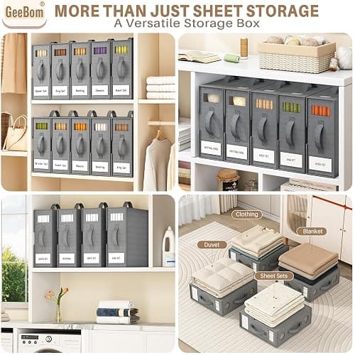 6 Pack Sheet Organizers and Storage, Thickened & Durable Sheet Organizer | Sheet Holders with Label Window & Handles, Bed Sheet Storage for Linen Closet, Bedding Storage Boxes for Queen & King Sheet thumbnail 5