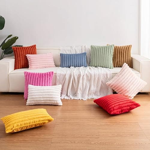 Aegero Pack of 2 Faux Fur Christmas Throw Pillow Covers 18x18 Inch, Pink | Fall Plush Striped Couch Pillow Cover, with Velvet Back Modern Home Decorative Throw Pillow for Sofa Living Room Couch Bed thumbnail 7