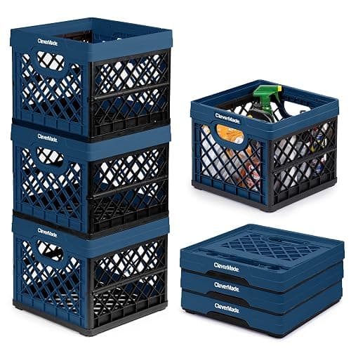 CleverMade Collapsible Milk Crate 25L (6.6 Gal) 3 Pack, 50 lb Capacity Heavy Duty Folding Crate – Stackable Storage Crates with File Rails, Plastic Collapsible Crates - Ocean - Image 1