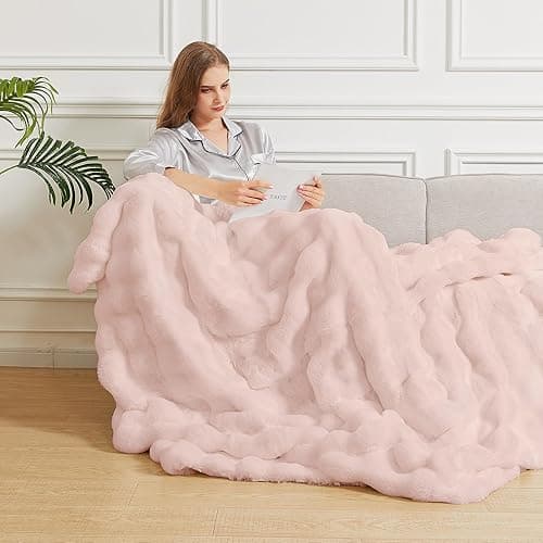 ORINOVA Pink Fluffy Blanket for Couch Living Room Faux Fur 50x60 Fuzzy Throw Blanket for Bed Soft Furry Bed Cozy Comforter Home Decor Gifts 860 GSM - 50"W x 60"L - Pink thumbnail 5