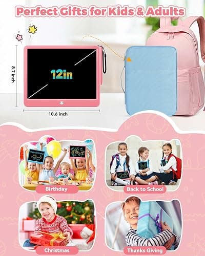 KOKODI 12 Inch LCD Writing Tablet with Anti-Lost Stylus, Erasable Doodle Board Colorful Toddler Drawing Pad, Car Travel School Games Toys for 3 4 5 6 7 8 Kids, Birthday Gift for Girls Boys Adults Pink thumbnail 2