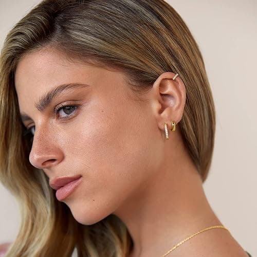 PAVOI 14K Gold Plated 925 Sterling Silver Posts Cubic Zirconia Mini Huggie Earrings for Women | Tiny Cartilage Helix Huggie Hoop Earrings thumbnail 4