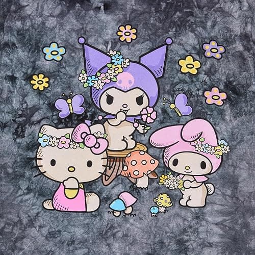 Kuromi, My Melody and Hello Kitty Puff Print Mushroom Scene Women's Black Cloud Wash Crew Neck Short Sleeve T-Shirt thumbnail 3