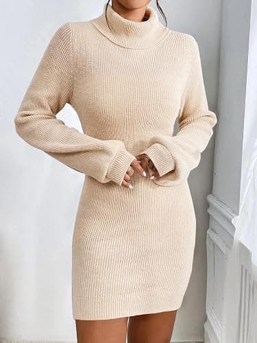 Turtleneck Sweater Dress for Women Lantern Sleeve Bodycon Pullover Mini Sweater Dress Stretchable Elasticity Slim thumbnail 2
