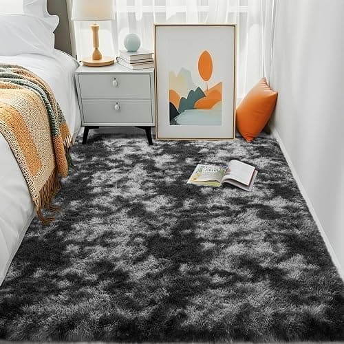 HQAYW 4x6 Black Grey Area Rugs for Living Room, Ultra Soft Fluffy Tie-Dyed Washable Non-Slip Rug, Plush Shaggy Modern Carpet for Kids Girls and Boys Dorms Nursery Bedroom Home Decor thumbnail 7