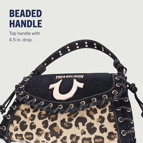 True Religion Denim Eyelet Trim Flap Bag | Studded Lace-Up Crossbody Shoulder Handbag with Horseshoe Logo, Leopard thumbnail 4