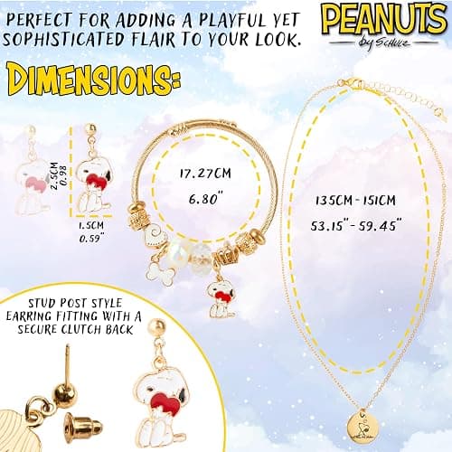 Peanuts Snoopy Jewelry Sets for Teens Women 3 Pcs Set Gold Necklace Earrings Bracelets for Women Snoopy Gifts for Her thumbnail 6