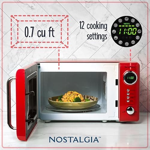 Nostalgia Retro Compact Countertop Microwave Oven - 0.7 Cu. Ft. - 700-Watts with LED Digital Display - Child Lock - Easy Clean Interior - Red - Retro Classic - 0.7 Cu. Ft. - Red thumbnail 2