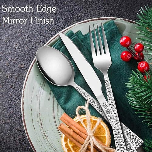 E-far Hammered Silverware Set, 40-Piece Stainless Steel Square Flatware Set for 8, Metal Tableware Cutlery Set Includes Dinner Knives/Forks/Spoons, Modern Design & Mirror Polished - Dishwasher Safe thumbnail 4