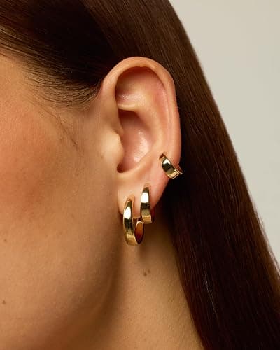 PAVOI 18K Gold Plated Small Hoop Earrings for Women, Earrings Piercing Pack | Hypoallergenic Earrings with 925 Sterling Silver Posts, Trendy Geometric Chunky Huggie Hoop Earrings thumbnail 2