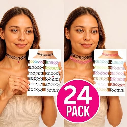 BodyJ4You 24PC Tattoo Choker Necklace - 90s Choker Necklaces Y2K Fashion Trendy Vintage - Daisy Flower Charm Colorful Rainbow Black Goth Pendant - Stretchy Elastic Necklace Summer Gift Set thumbnail 2