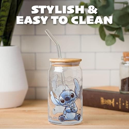 Silver Buffalo Disney Lilo and Stitch Sitting Glass Jar Tumbler with Bamboo Lid and Glass Straw, 16 Ounces thumbnail 7