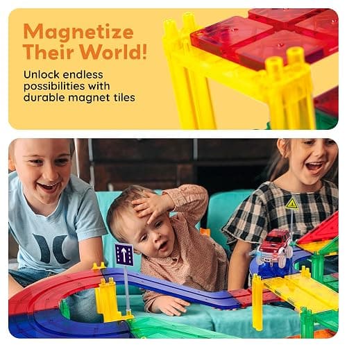 PicassoTiles 100 PCs Race Car Track Set Magnetic Toy Building Block with 2 LED Cars with Height Adjustable Roads Signs Education STEM Building Kit Learning Construction Fun for Boys & Girls Ages 3+ thumbnail 5