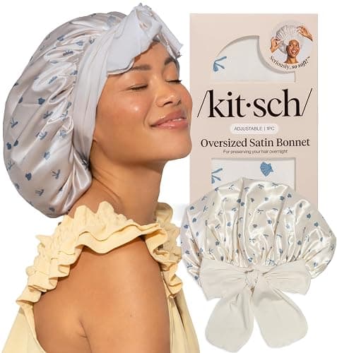 Kitsch XL Satin Bonnet for Sleeping - Softer Than Silk Bonnet For Sleeping Women, Secure Fit Adjustable Night Cap For Curly & Textured Hair & Prevents Breakage - Pearlized Cream & Coastal Blue Print - Image 1