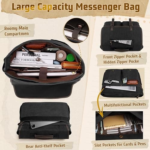 RAINSMORE Canvas Messenger Bag Men 17-17.3 Inch Laptop Bag Computer Briefcase Water Resistant Satchel Bag for Men Work Office thumbnail 3