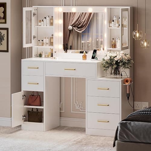 Makeup Vanity Desk with Mirror and Lights, Makeup Vanity Table with Lighted Mirror, Nightstand Dressing Table with Mirror and Lights, 51" Big Vanity with 6 Drawers & Lots Storage Space for All Girls thumbnail 5