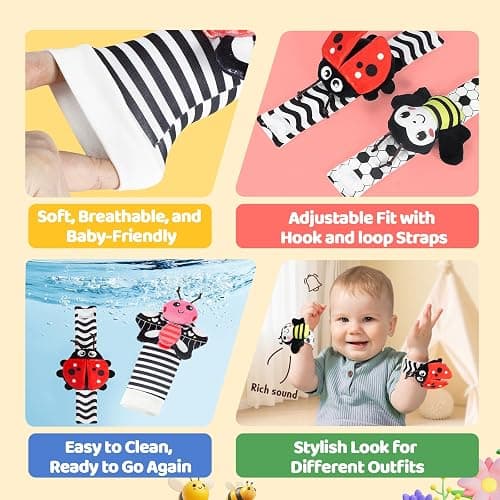URMYWO Wrist Rattles for Baby - Rattle Socks - Foot Finder Set - High Contrast Black and White Baby Toys for 0-12 Months Infant - Newborn Essentials - Sensery Toys for Boys and Girls as Shower Gifts thumbnail 4