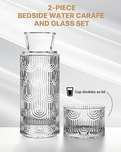DmmyAlzx Bedside Water Carafe and Glass Set, Mouthwash Dispenser for Bathroom, 21.6 Oz Glass Water Bottles with 6 Oz Drinking Cup as Lid, Pitcher for Nightstand (Clear) thumbnail 4