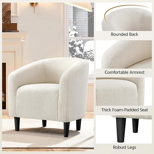 Yaheetech Accent Barrel Chair, Boucle Fabric Club Chair, Furry Sherpa Elegant Armchair with Cozy Soft Padded, Suitable for Living Room Bedroom Reception Room Office, Ivory thumbnail 8