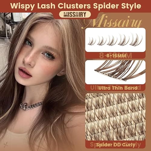 MissAiry Spider Breeze Lash Clusters Kit, Dark Brown Wispy Natural Eyelash Clusters DD Curly Lashes Cluster 8-16mm Cluster Eyelash Extensions Individual Lashes with Invisible Band for DIY at Home thumbnail 3