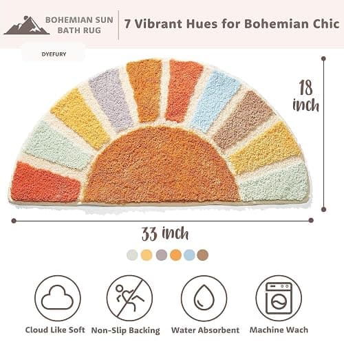 DyeFury Sunrise Boho Bathroom Rugs,Half Circle Bath Mat Cute,Sun Bath Mats,Retro Bohemian Home Bathroom Decor,Small Colorful Fun Semi Round Shower Rug Non-Slip,Funny Washable Rug Bedroom 33"x18" thumbnail 2