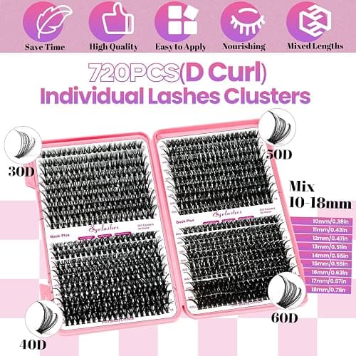 Qiveaory Kit di Estensione Delle Ciglia fai da 720pcs DIY Individual Lashes Clusters D Curl Kit con Lash Bond and Seal,Remover Extension Ciglia,Pinzette per Ciglia Pennello(10-18mm,30D+40D+50D+60D) thumbnail 2