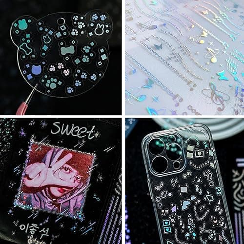 24 Sheets Holographic Kpop Deco Stickers Korean Stickers for Photocards Self Adhesive Clear Glitter Star Moon Butterfly Bubbles Decals for Album Scrapbook Journal Planner for DIY Decoration thumbnail 5