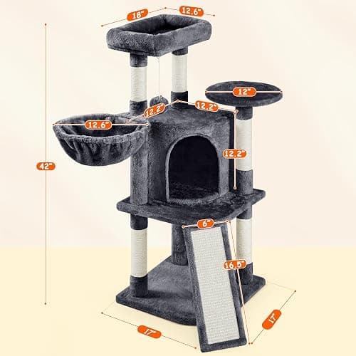 Yaheetech 42in Cat Tree Tower for Indoor Cats, Kitten House with Large Perch & Scratching Posts & Cozy Condo & Scratching Ramp, Pet Furniture Activity Center, Dark Gray thumbnail 3