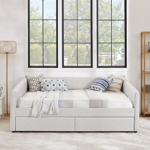 KEIKI Queen Size Linen Upholstery Daybed with 2 Drawers, Modern Style Tufted Corner Sofa Bed Frame with Solid Wooden Slats, Easy Assembly, No Box Spring Required, for Living Room, Bedroom, Beige thumbnail 5