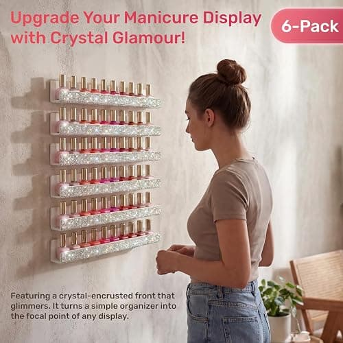 YMVV Nail Polish Wall Shelf - 15-Inch Diamond Crystal Display & Organizer Rack, Holds 60+ Polishes, Soft Ledge for Bedroom, Bathroom, Salon,6 Pack thumbnail 6