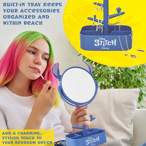 Get Trend Disney Stitch Mirror with Jewelry Stand for Girls, Teens, Makeup Mirror, Jewelry Holder, Bracelet Holder, Cute Room Decor, Gifts for Girls (Blue Stitch) thumbnail 4