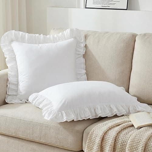 Lemfux White European Pillow Shams 18x18 Inch 100% Cotton, Set of 2, Decorative Euro Sham Covers with Ruffled French Country Style White Euro Sham Covers thumbnail 4